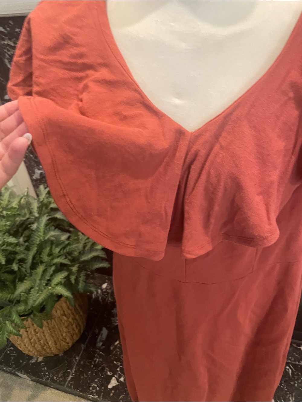 Rust Red Ruffle V-Neck Women's Dress - Picture 3 of 9